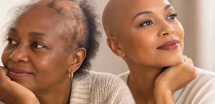Deux femmes souriantes, l'une aux cheveux clairsemés, l'autre sans cheveux